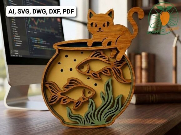 3D 5-Layer Cat Fishbowl Laser Cut Design