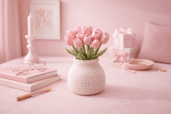 Crotcheted Vase with Tulip Flowers: A Textured 3D Print Design
