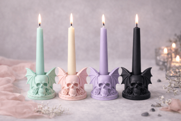 Sculpted Skull Wing Candle Pen Holder STL